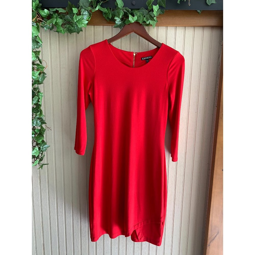 Express Red 3/4 Length Sleeve Minimal Slit Dress